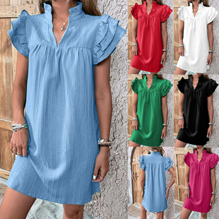 Amazon European and American Women's 2025 Summer New Fashion Joker Multi-layer Lotus Leaf Sleeve V-neck Pullover dress