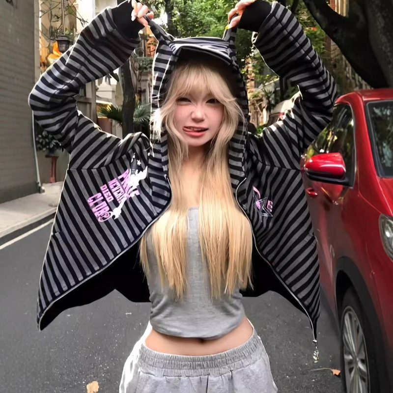 Korean Style Design Striped Zipper Cardigan Sweatshirt Jacket Autum New Loose and Versatile Devil Horn Hooded Top