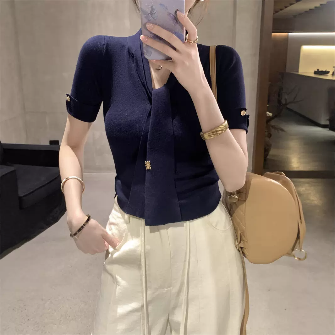 气质小众百搭别致系带设计感针织衫女夏季修身显瘦收腰短袖上衣潮