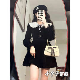 145小矮个子赫本风气质小黑裙女收腰a字连衣裙秋冬搭配xs显高短裙