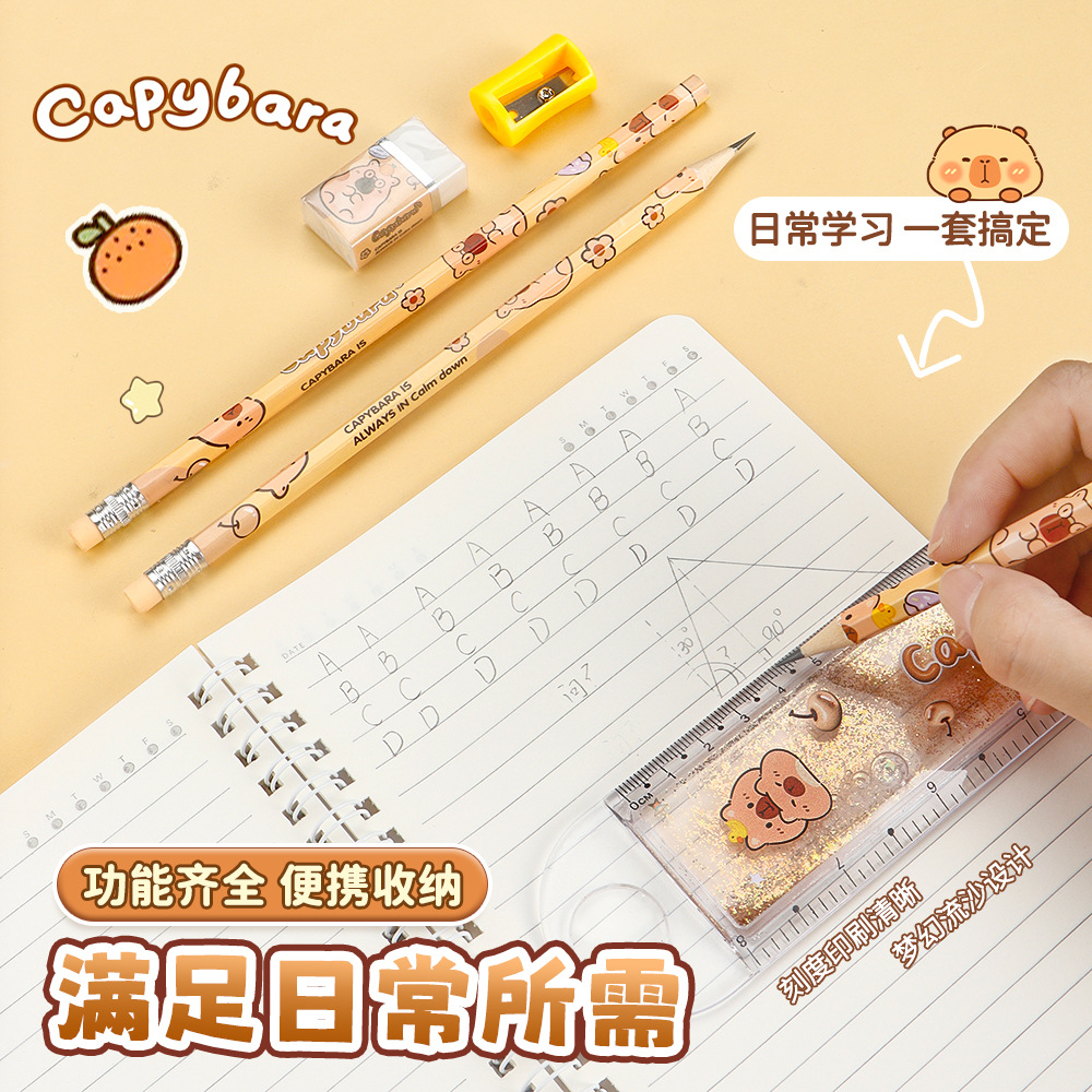 Caja de lápiz de arena flotante Capiballa con afilador de lápiz interno, regla de goma, conjunto de papelería de aprendizaje de estudiantes en stock