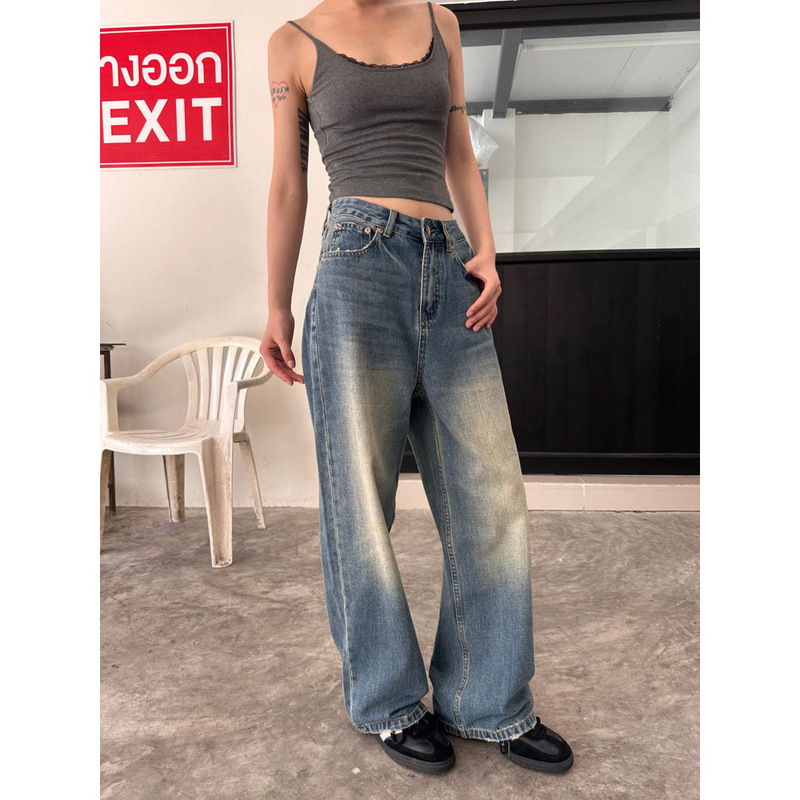 GAGD version of the great praise! High Waist Wide Leg Jeans Women's Antique Washed American Style Retro Loose Floor-length Trousers
