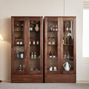 All Solid Wood Wine Cabinet Living Room Wall Glass Door Wine Cabinet Rack Floor-Standing Cabinet Light Luxury High-End Black Walnut Display Cabinet