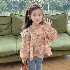 女童小清新碎花衬衫2025春装女宝宝洋气花边领甜美可爱长袖棉上衣