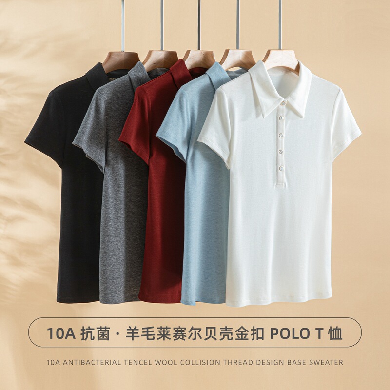 Summer Polo Shirt for Women, Lyocell and Merino Wool Blend, 10A, Long-Lasting Antibacterial, Slimming Effect, Regular Shoulder Fit, Versatile for Commuting