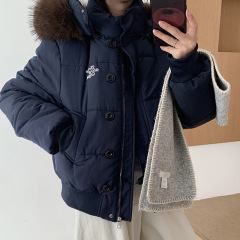 E5071藏青色连帽冬季新款女短款棉服宽松美式学院风棉衣外套潮流