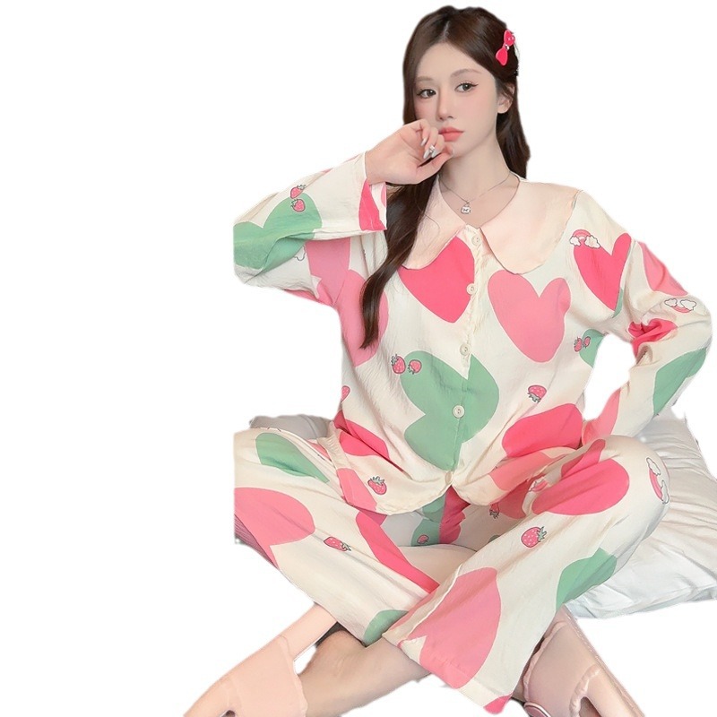 국경 간 TIKTOK CLOUD COTTON 긴팔 바지 카디건 인형 칼라 파자마 여성 가을 및 겨울 새 집 옷 가슴 패드