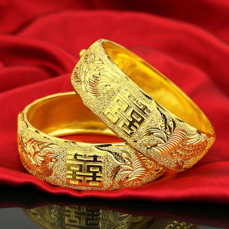 Real Gold Electroplated Wedding Bracelet Open Wide Version Double Happiness Dragon and Phoenix Bracelet High Imitation Gold Female Bride Wedding Gold Pig Tag