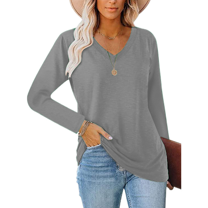 Women's T-shirt V-neck Loose Long Sleeved Solid Colour Top_voghion.com