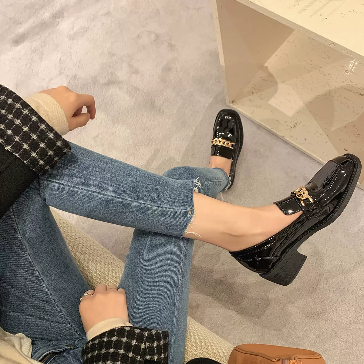 葡萄妈Studiolee贵气金属链条复古一脚蹬小皮鞋中高跟鞋乐福