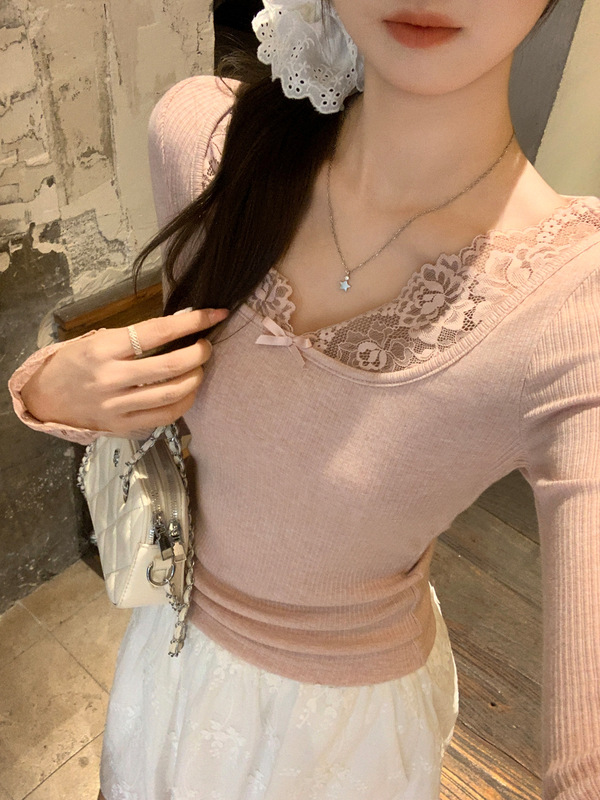 粉色蕾丝U领蝴蝶结长袖t恤女初秋新款内搭打底衫修身显瘦针织上衣|undefined