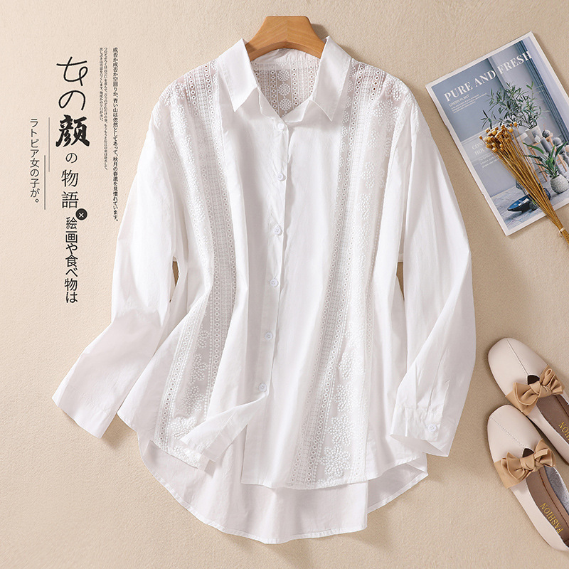 Wholesale Lace Patchwork Artistic Lapel Loose Versatile Korean Style Plus Size Solid Color Slimming Elegant Long-Sleeve Shirt for Women