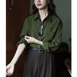 绿色设计感内搭宽松复古港味纯色长袖衬衫女显瘦秋季新款衬衣上衣