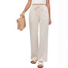 2025年欧美春夏季潮牌独立站亚马逊爆款宽松条纹休闲时尚长裤女