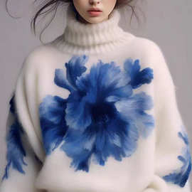 2024秋冬穿搭美式慵懒白色高领蓝色印花朵女士大毛衣针织衫潮