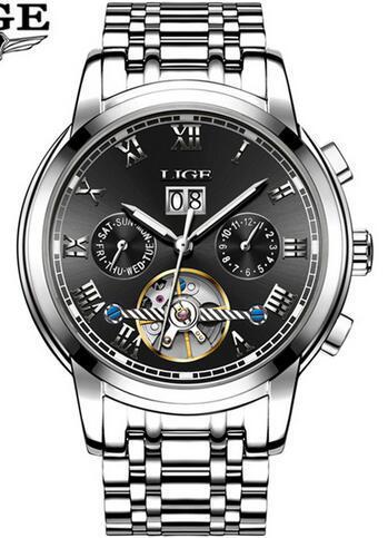 LIGE 9813 caliente-venta hueco transparente Tourbillon multifunción reloj mecánico automático correa de acero reloj de hombre
