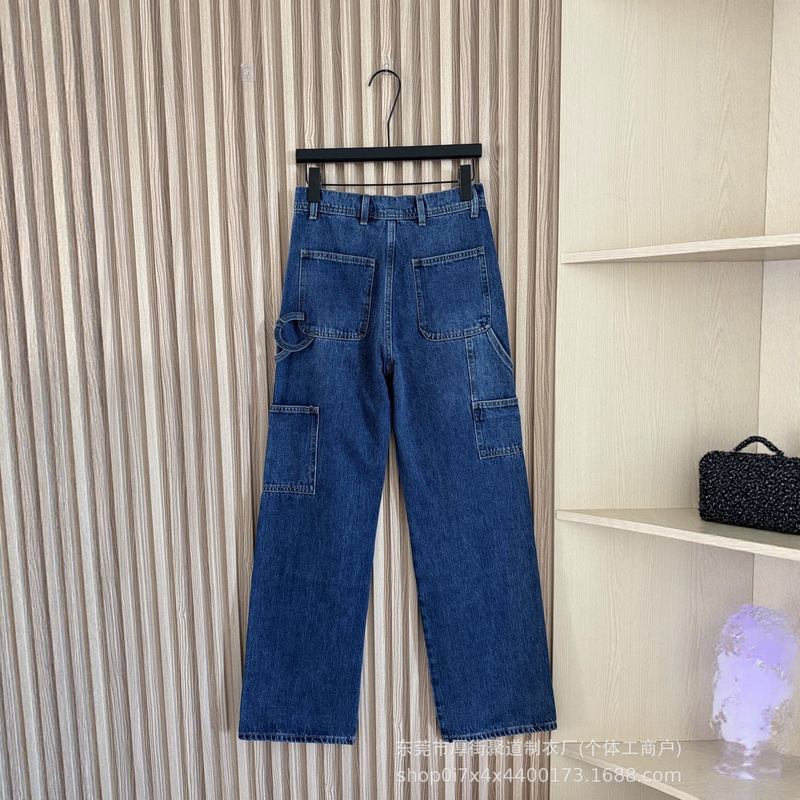 Nanyou High-End Women's Fashion 2026 Chanel-Style Workwear Three-Dimensional Cross Buckle Double C Letter Straight-Leg Dark Blue Denim Trousers