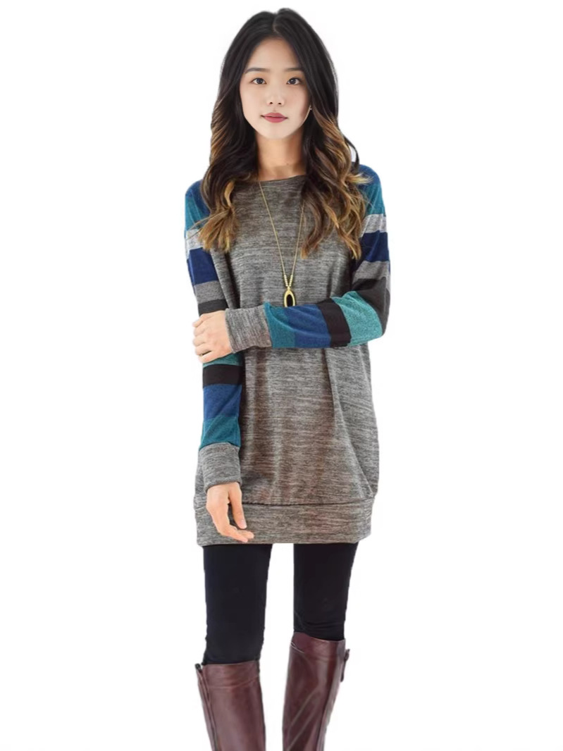 Amazon Cross-Border Best-Selling Plus-Size Spring and Autumn Women's Round-Neck T-Shirt, Loose Striped Print Raglan Sleeve Casual Sweatshirt