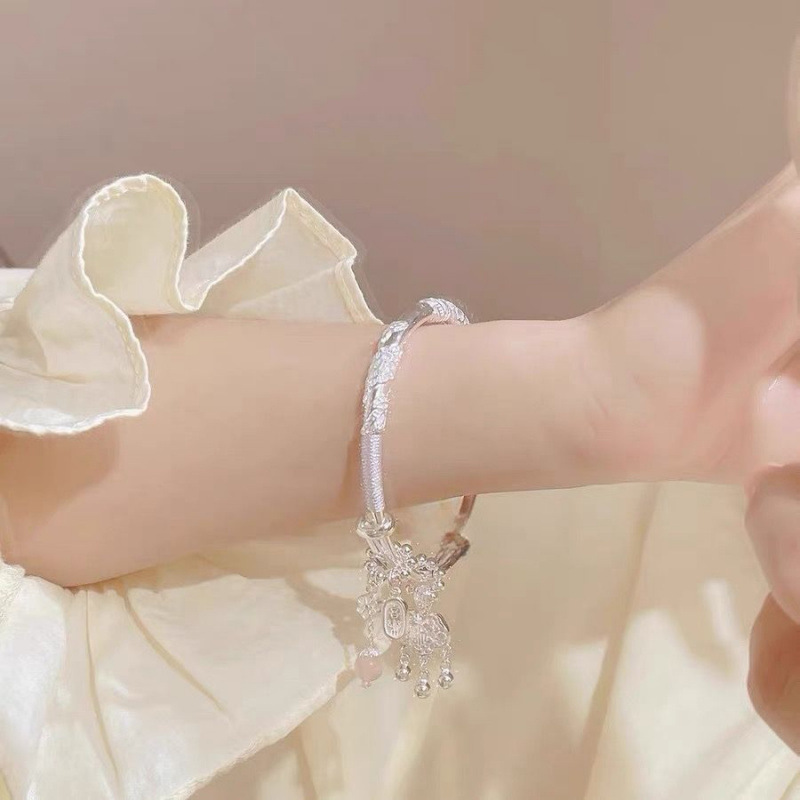 正宗繁花似锦纯银手镯女9999足银镯子平安锁手链年轻款送女友正品|undefined