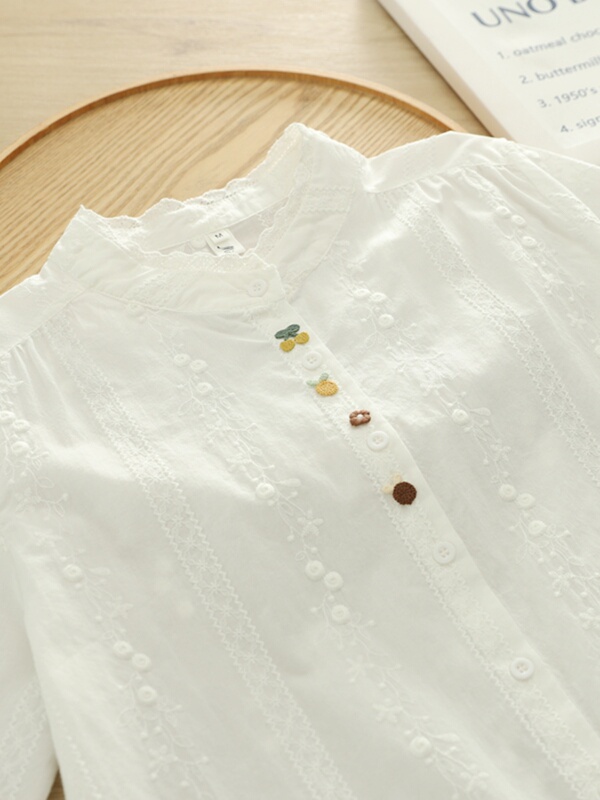 2025 Spring Literary and Artistic Small Fresh Dark Pattern Embroidered Daisy Stand Collar Lace Loose Cotton White Shirt Women's Long Sleeve Trendy