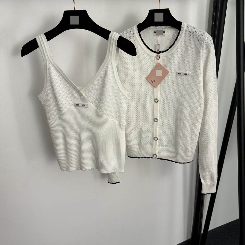 2026 Early Spring New Stylish Two-Piece Set: Letter Patchwork Hollow-Out Long-Sleeve Knitted Cardigan + Knitted Camisole 2026 Early Spring New Stylish Two-Piece Set: Letter Patchwork Hollow-Out Long-Sleeve Knitted Cardigan + Knitted Camisole