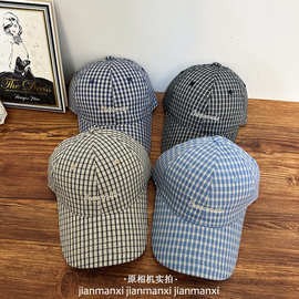 经典素色格纹棒球帽小众设计文艺复古显脸小软顶刺绣字母鸭舌帽子