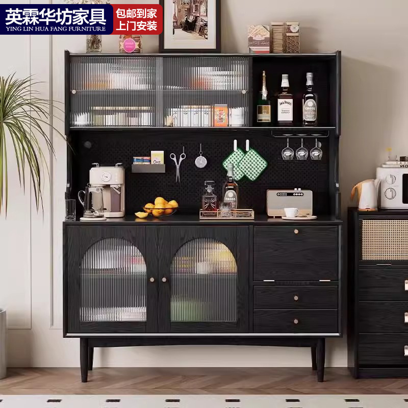 All Solid Wood Sideboard, Antique Black Cabinet, Ash Wood Home Kitchen Storage Cabinet, Guest Restaurant Integrated Tea Cabinet