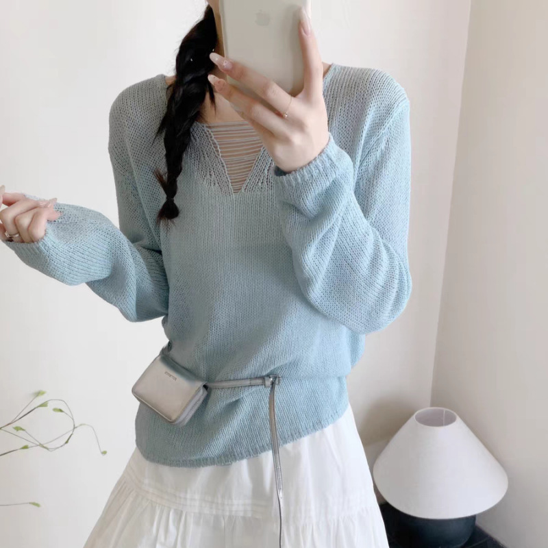 2025 primavera y verano nuevo estilo coreano simple cuello en V diseño hueco suelto casual todo-fósforo protector solar fino top de punto image 9