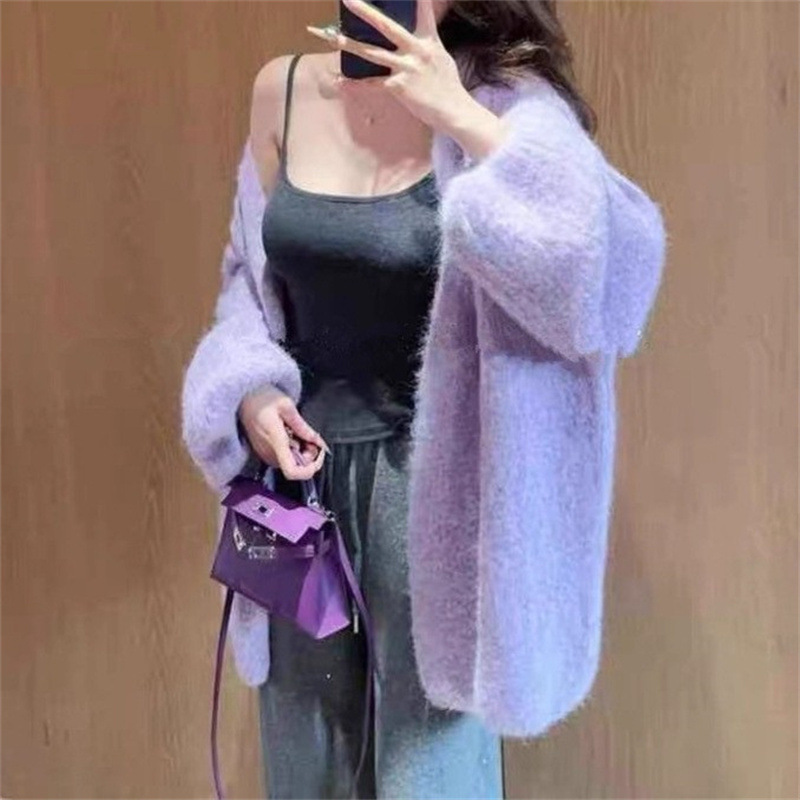早秋韩系氛围感纯色灯笼袖毛衣女高级感慵懒风显瘦大码针织衫绿色|undefined