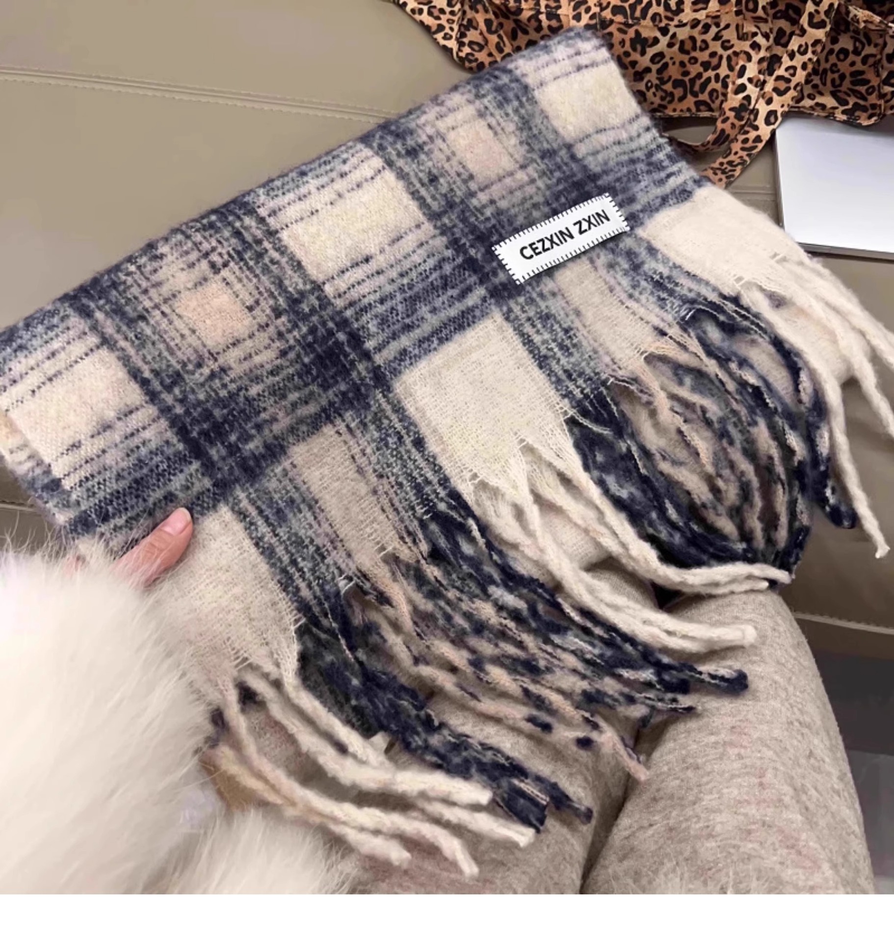 Bufanda a cuadros gris rosa para mujer chal suave y cálido_voghion.com