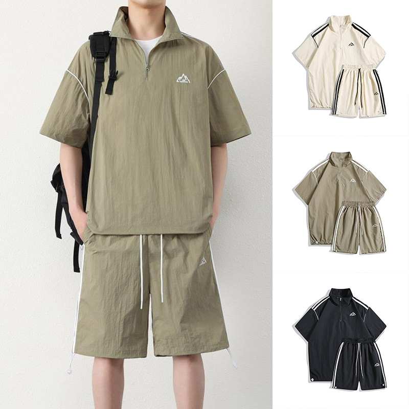 Traje de media cremallera pantalones cortos de manga corta ropa de protección solar de seda de hielo delgada de verano para hombres