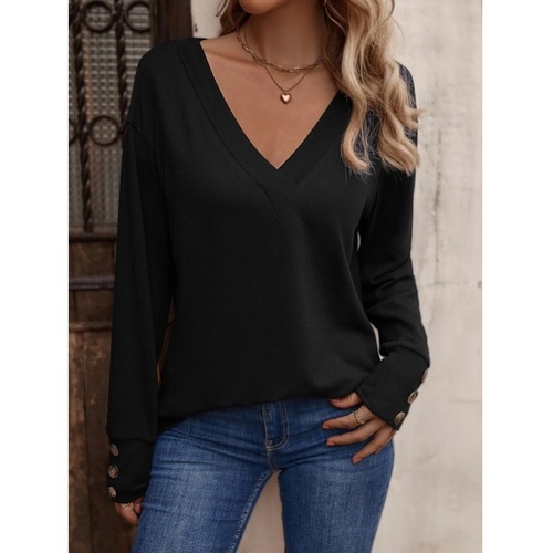 2025 European and American Cross-border Foreign Trade Women's Amazon Autumn/Winter New Pure Color V-neck Loose Long-sleeved Button-up Top