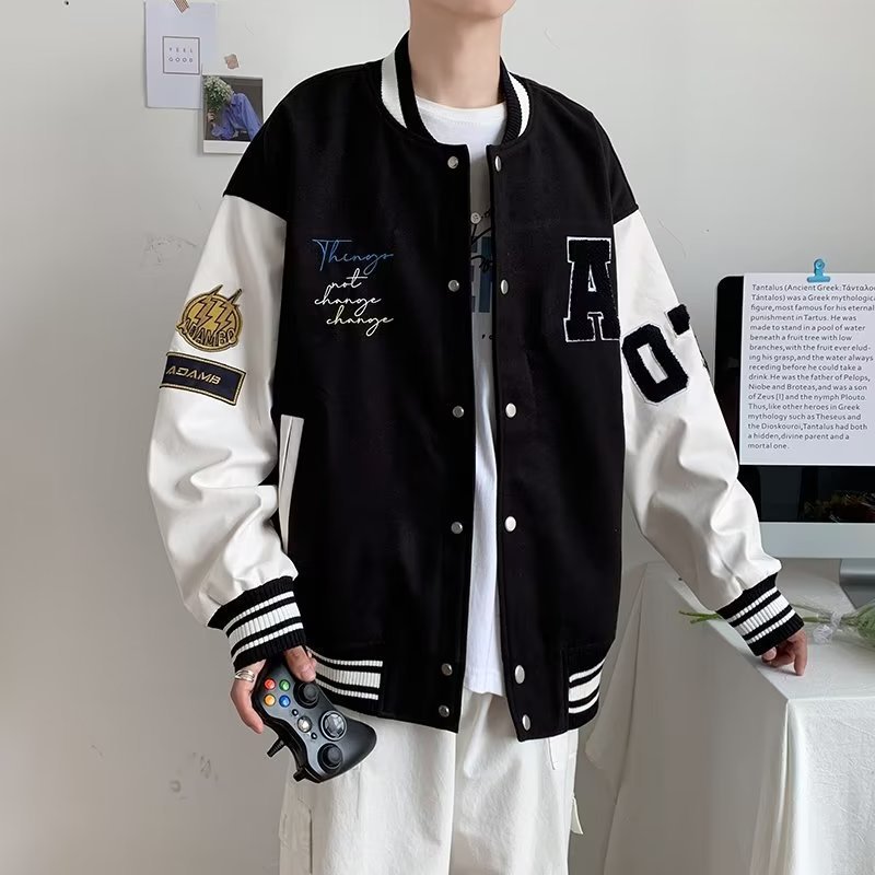 Men's Leather Sleeve Baseball Jacket Retro Casual Style_voghion.com