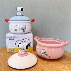 スヌーピーの泡の碗は蓋を持っています。家庭用アニメの両耳大容量の学生寮の陶磁器の大きいスープの碗は贈り物をします。