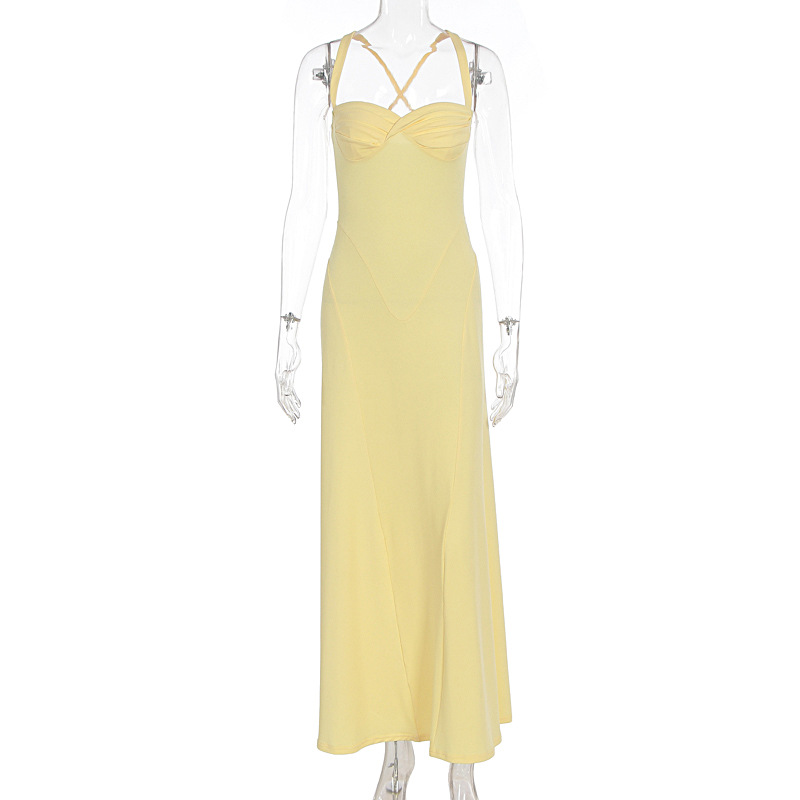 New Arrival Elegant Temperament Womens Low Cut Halter Dress Sexy Slim Fit Long Formal Evening Party Gown Dress_ecoleips.com