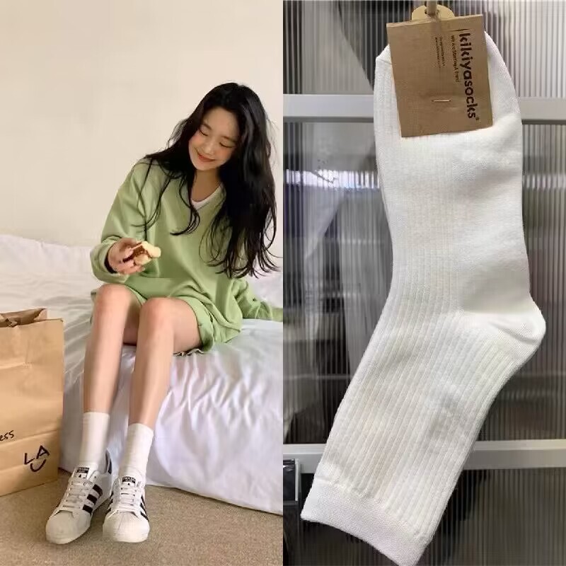 Four Seasons New South Korea purchasing agent Dongdaemun socks solid color thread vertical stripe socks mouth Internet celebrity mid-calf length socks for women