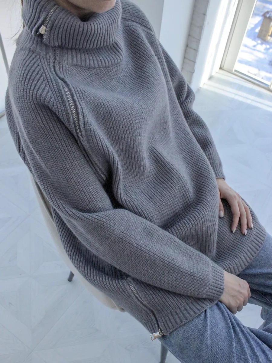 Pull tricoté sexy à col haut et fermeture éclair de style paresseux, haut chaud à manches longues et ample pour vêtements d'extérieur, tendance et épais_voghion.com