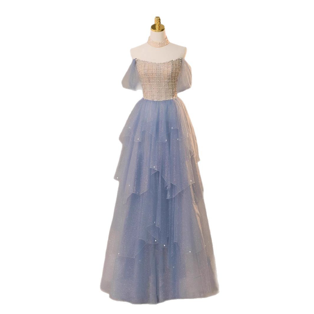 2026 nuevo azul azul azul hombro vestido de princesa piano violín vestido de anfitrión de espectáculo vestido de examen vocal
