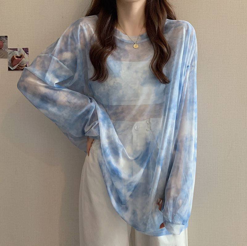 メッシュ日焼け防止服夏の新しい外国貿易カジュアルカジュアルプリントプルオーバー長袖女性の Tシャツトップスシースルー|undefined