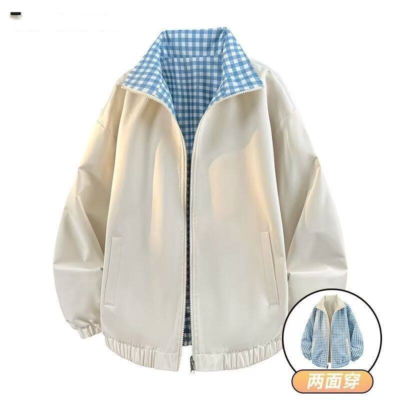 Áo khoác nữ hai mặt mặc được dáng rộng phong cách Hàn Quốc, tay dài cổ ve, dài áo 50–65 cm — Áo khoác kẻ sọc vàng có thể đảo ngược, Áo khoác kẻ sọc xanh có thể đảo ngược