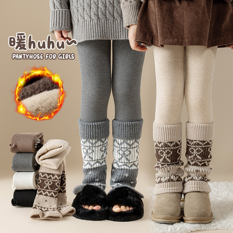 Girls' Fleece-Lined Thickened Autumn and Winter Fair Isle Children's Layered Socks with Color-Blocking Leggings Warm Nine-Point Pants