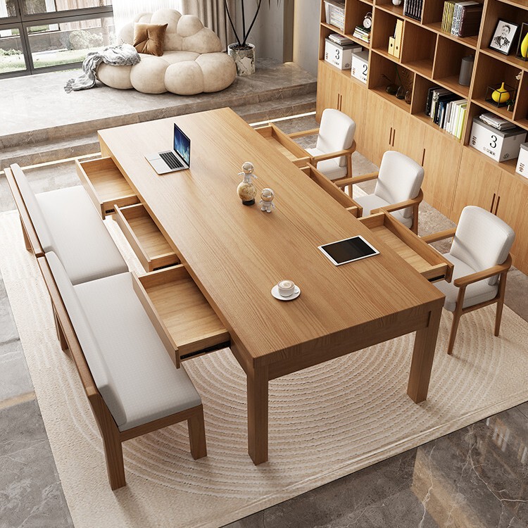 New Living Room Large Solid Wood Desk and Dining Table with Drawers, Integrated Tea Table, Home Study and Work Desk, Long Table