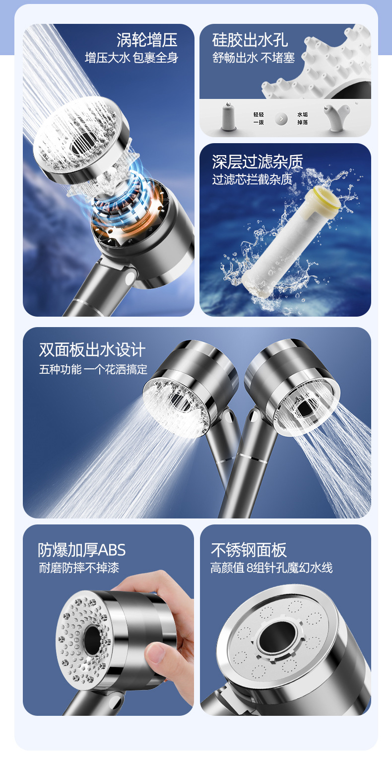 Shower head, double-sided pressurized shower head, water heater, bathroom, hand-held shower head, single head Application Scenario