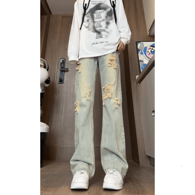 American-Style Vibe Yellow Mud-Colored Ripped Flared Jeans for Men, New Spring and Autumn Loose-Fitting Versatile Design Wide-Leg Pants