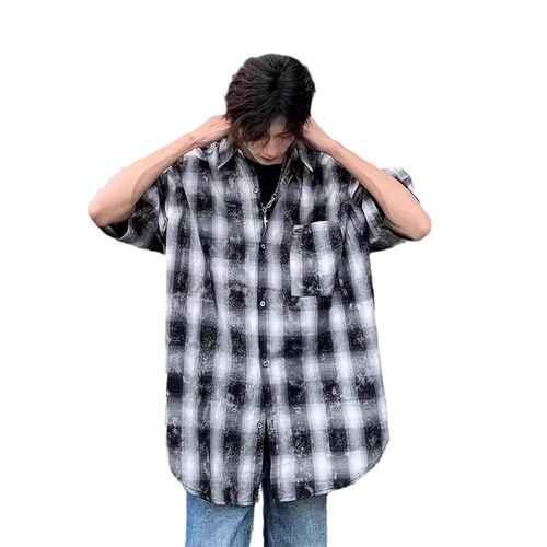 Vintage distressed short-sleeve grid shirt for men, stylish versatile thin dress shirt, American fashion brand collar grid half-shirt