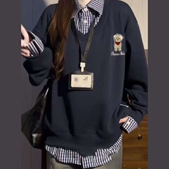这件好可爱!【拼接假两件】甜妹刺绣领卫衣女韩版薄款外套