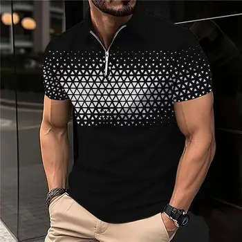Venta caliente transfronteriza nueva impresión de degradado 3D de verano de gran tamaño casual para hombre suelto código europeo cremallera polo manga corta