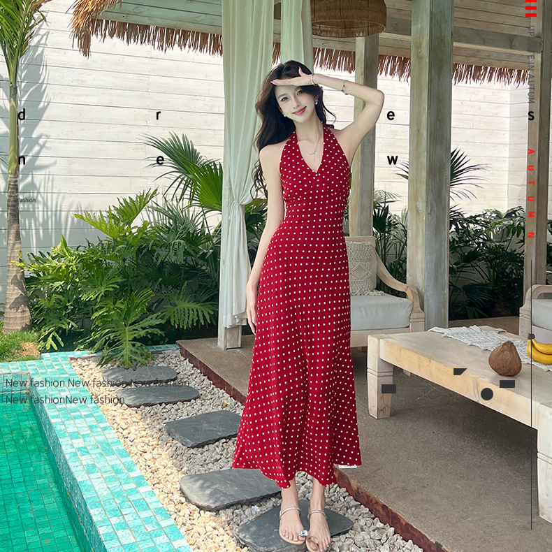 2026 Summer New Style French Retro Sweetheart V-Neck Red Polka Dot Skirt Halterneck Dress Strappy Tank Top Dress