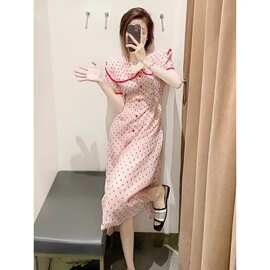 H24116新款法式红色波点连衣裙子女夏季大翻领A字裙甜美洋气长裙