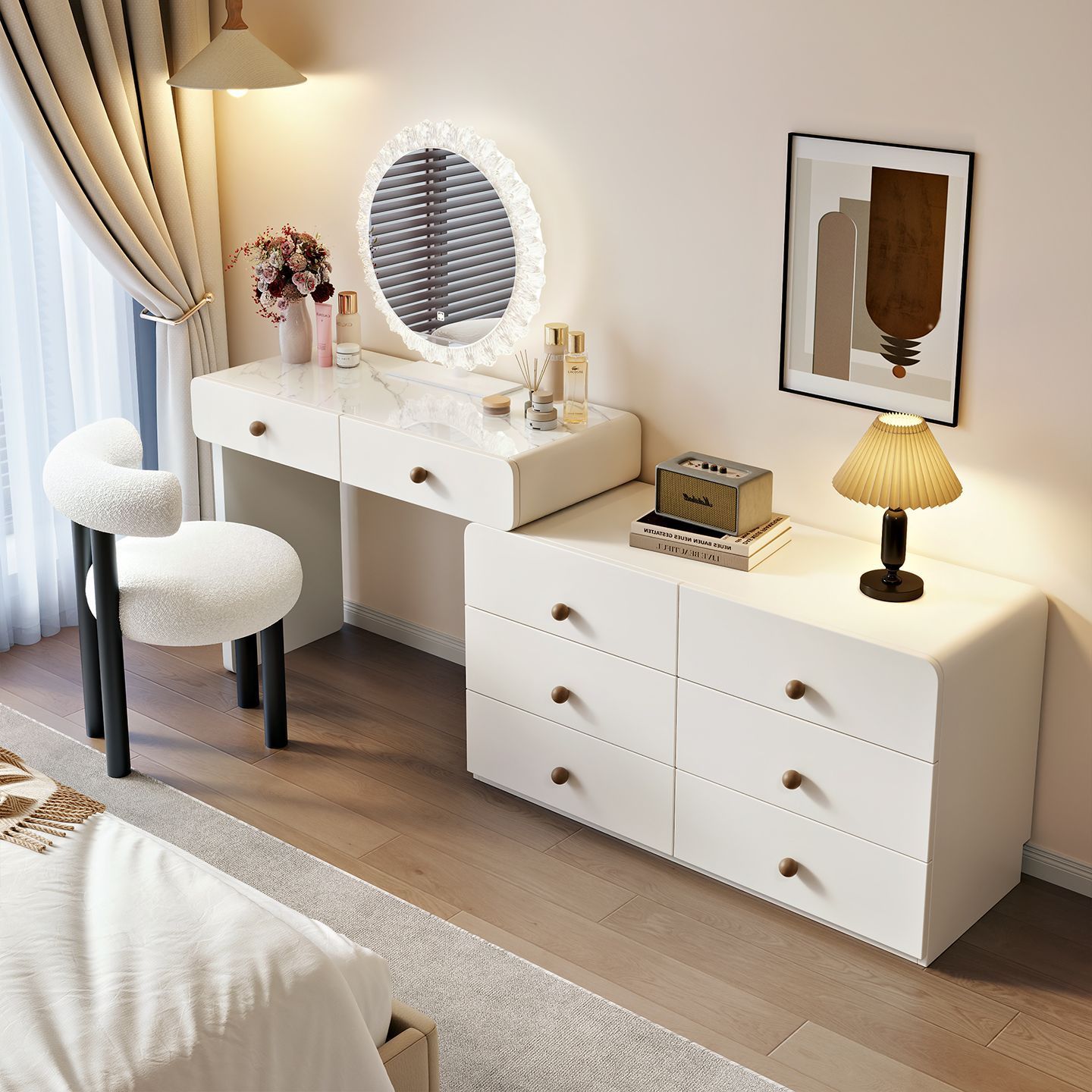 2025 New Cream Style Dressing Table Bedroom Modern Simple Bedside Solid Wood Cupboard Storage Cabinet Integrated Dressing Table